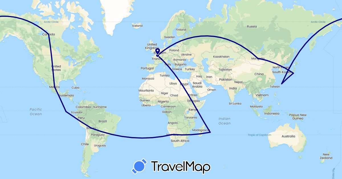 TravelMap itinerary: driving in Bolivia, Canada, Ecuador, France, Japan, Mongolia, Mexico, Namibia (Africa, Asia, Europe, North America, South America)